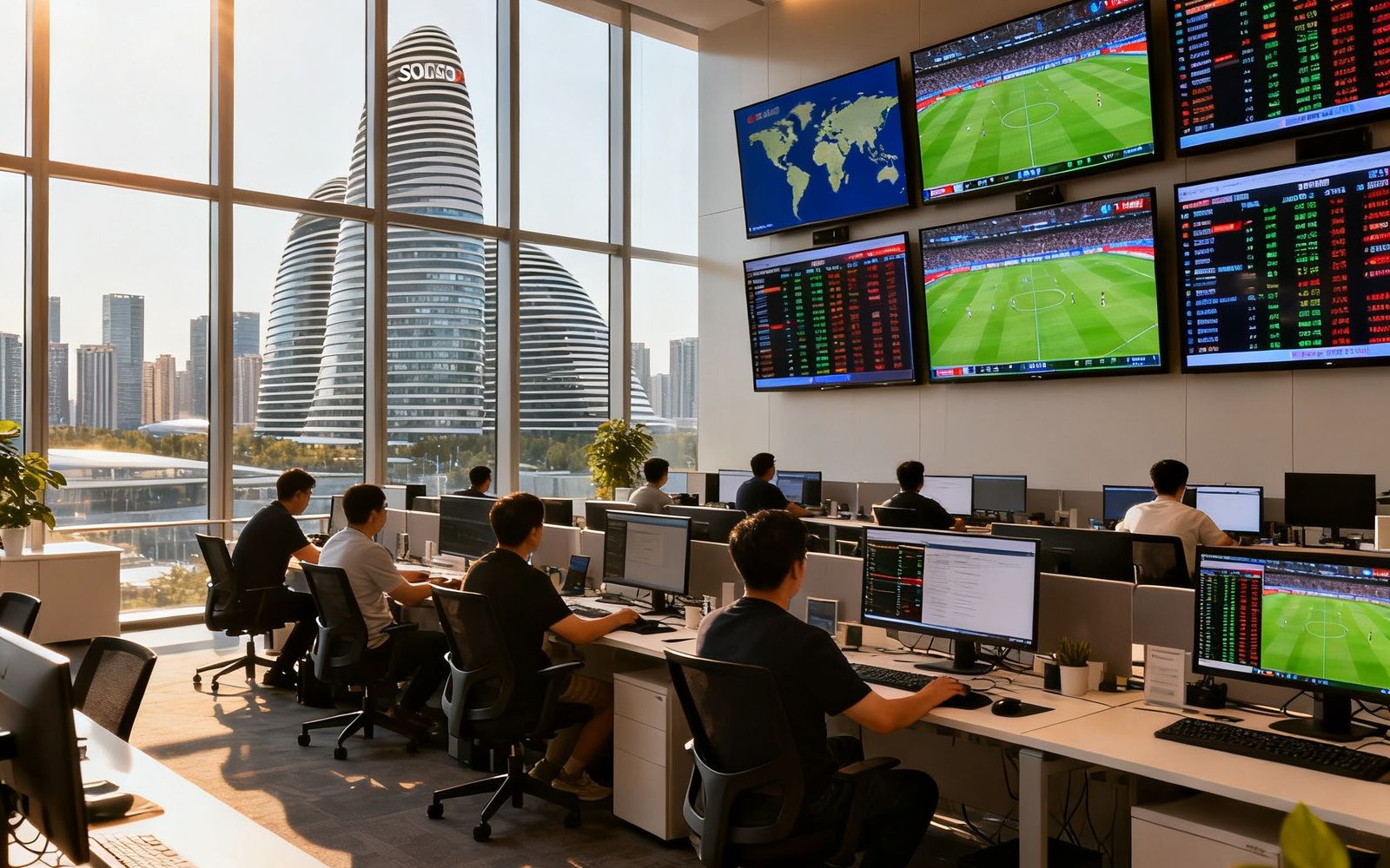 a8体育北京总部办公室内景，开放式办公区坐满了专注工作的员工，墙上挂着多个大屏幕实时显示全球赛事数据，窗外是望京SOHO的标志性建筑群，阳光透过落地窗洒在现代化的办公环境中。